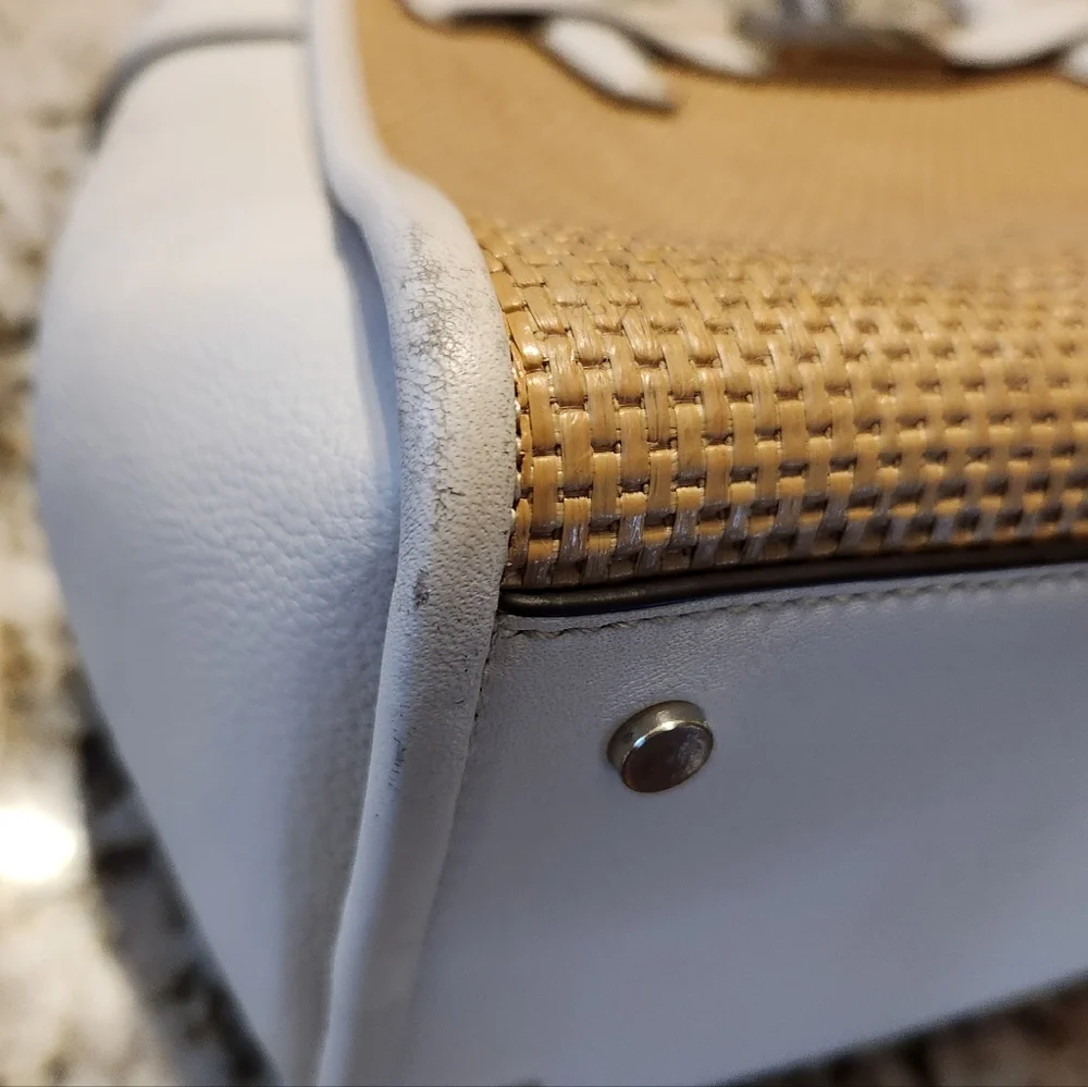 Kate Spade Handbag, Lucia Straw Medium Satchel Tan & White Crossbody EUC Summer